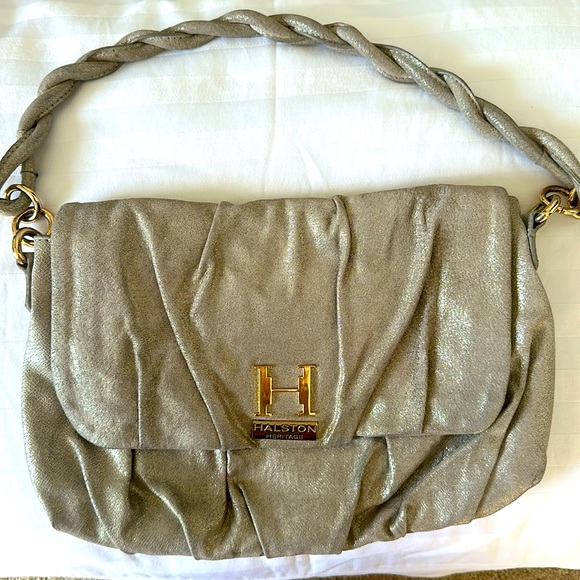 Halston Heritage Top Handle Gold & Metalic Leather Bag - Picture 1 of 9